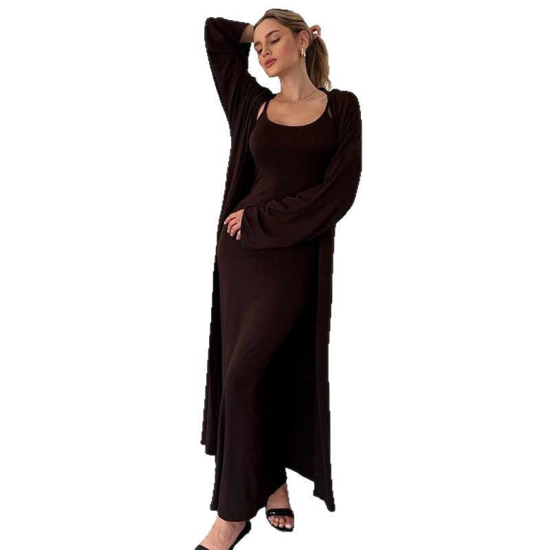 Dame elegant maxikjole med flydende snit og langærmet cardigan Stilla