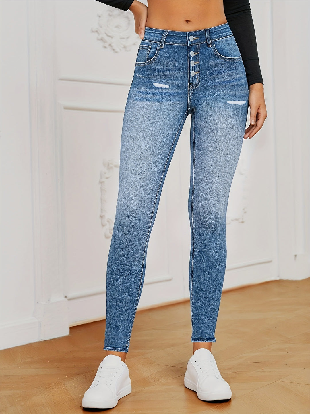 Dame Skinny Jeans med knapdetalje og høj talje design Stilla