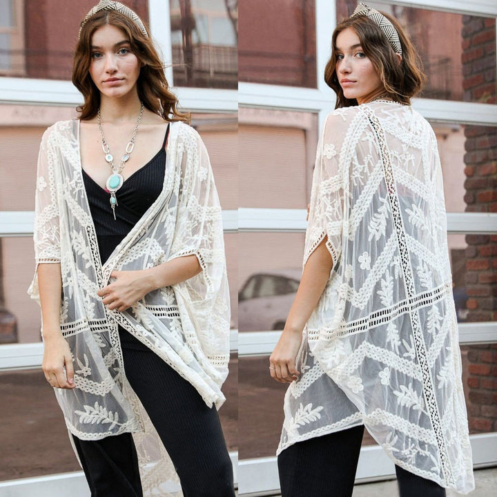 Dame transparent Kimono med florale broderier Stilla