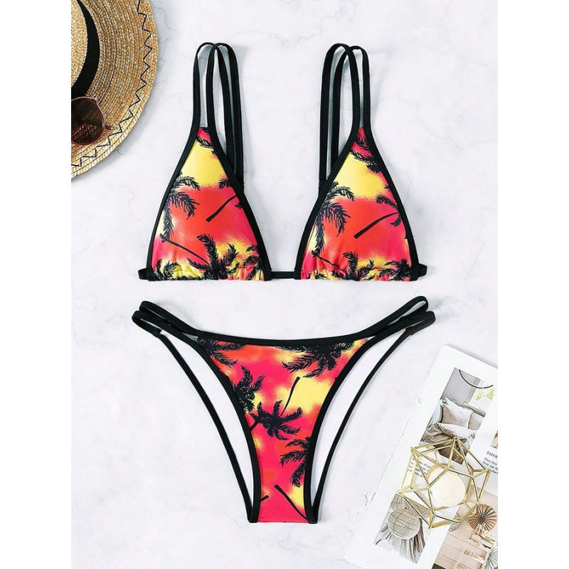 Dame Triangel-Bikini med dobbelt stropper og trendy palmeprint Skovae