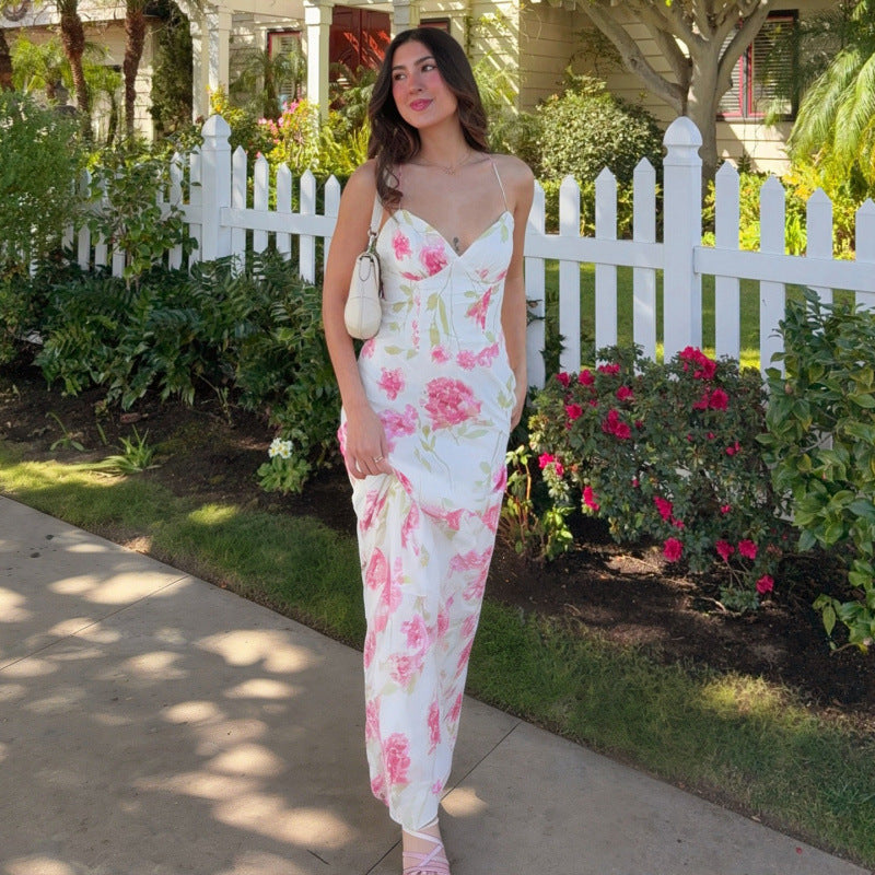 Damen Sommerliches Maxikleid mit floralem Muster und feinen Spaghetti-Trägern Skovae