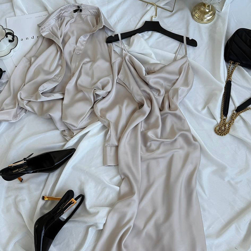 Dame elegant Satin Maxikjole med spaghetti-stropper og flydende snit Stilla