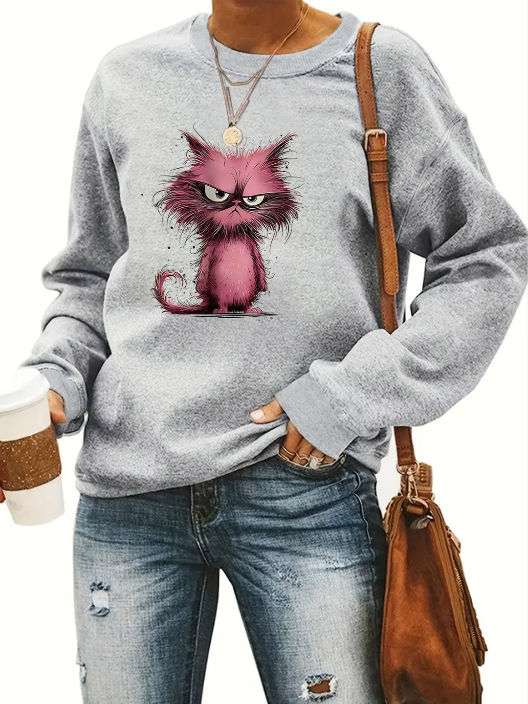 Kvinders sweatshirt med kreativt kattemotiv Stilla