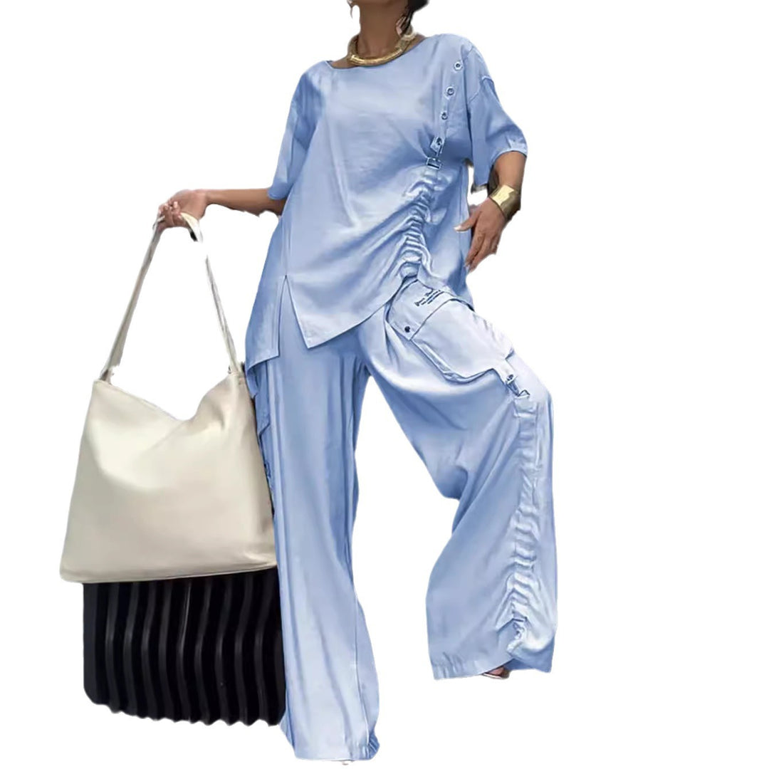 Damer nan lækkert to-delt sæt med flæset oversized bluse og cargo palazzo bukser Skovae
