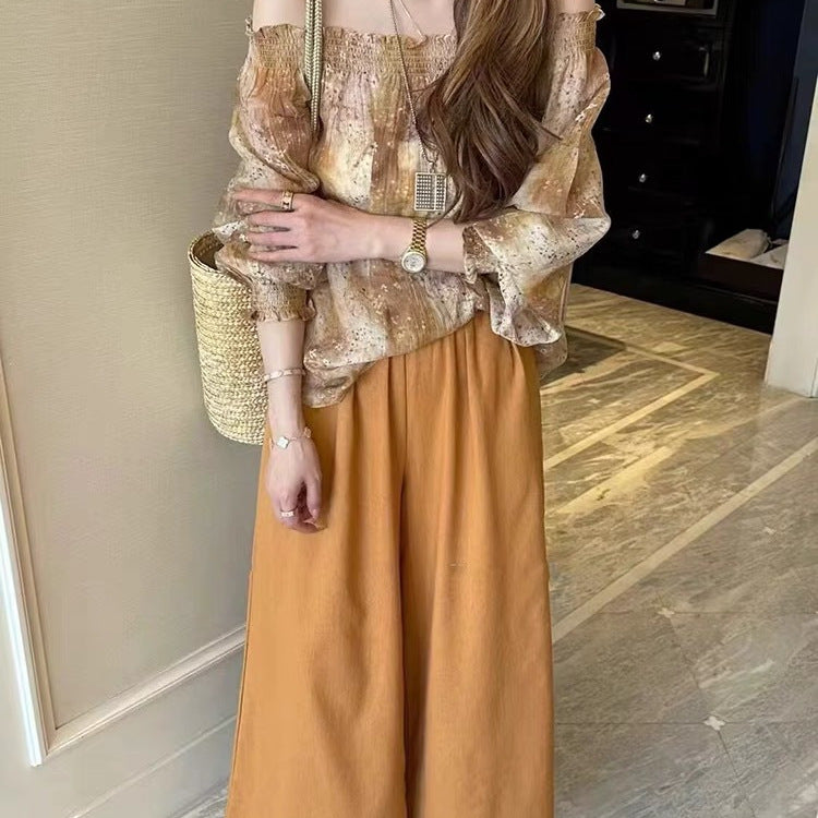 Dame bred bluse med flæseærmer og elegant høj talje bukser Stilla