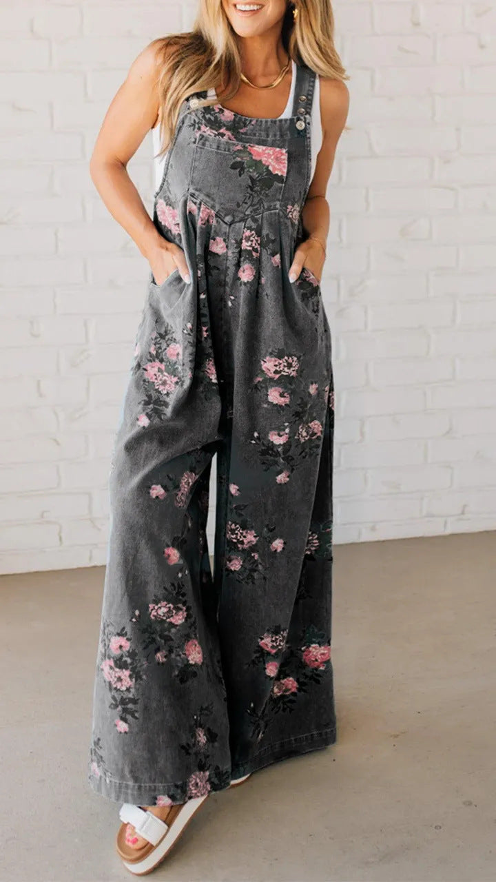 Dame bomulds-overall med blomstret print og brede ben Stilla