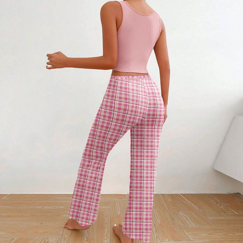 Dame afslappet Crop Top og ternet Bukser Sæt med justerbar linning Stilla