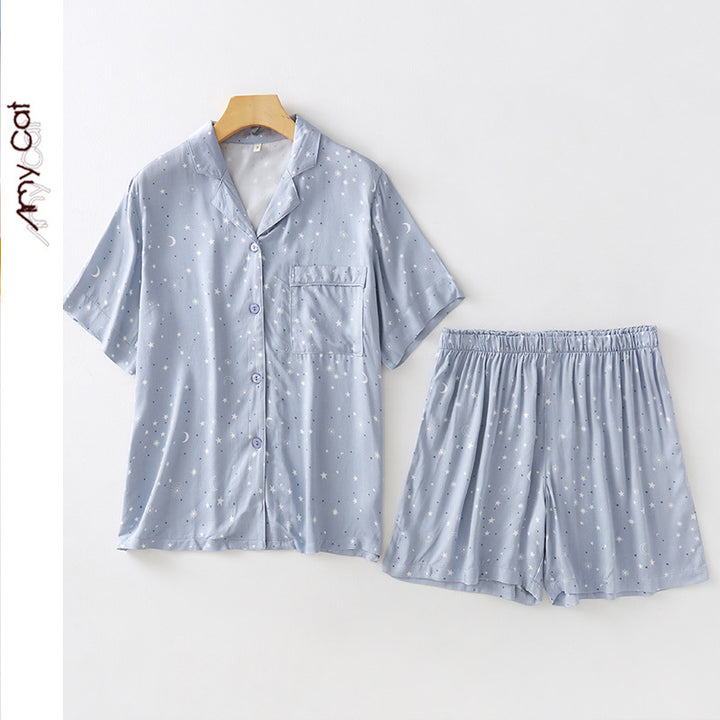 Dame Kortærmet Pyjama-Sæt med elegante striber og elastisk talje Stilla