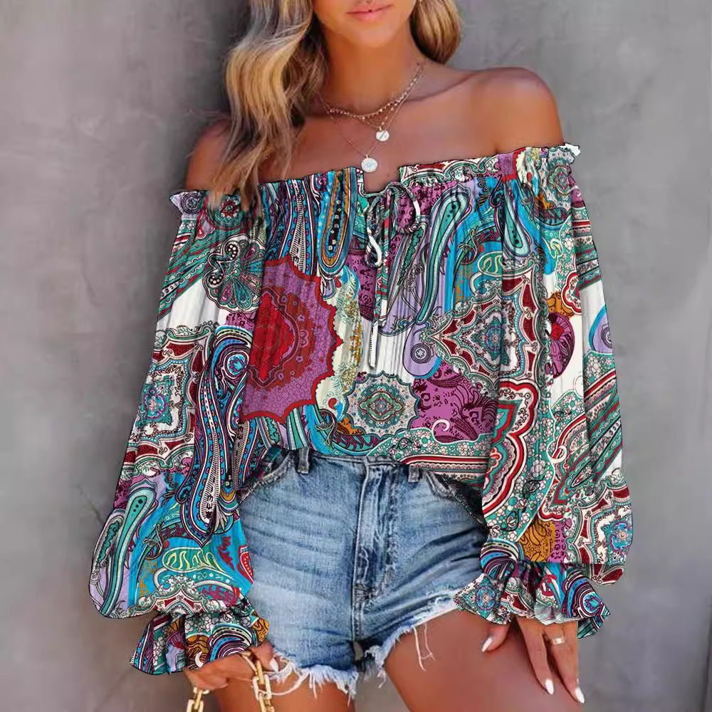 Dame Off-Shoulder Bluse med farverigt etno-mønster Stilla
