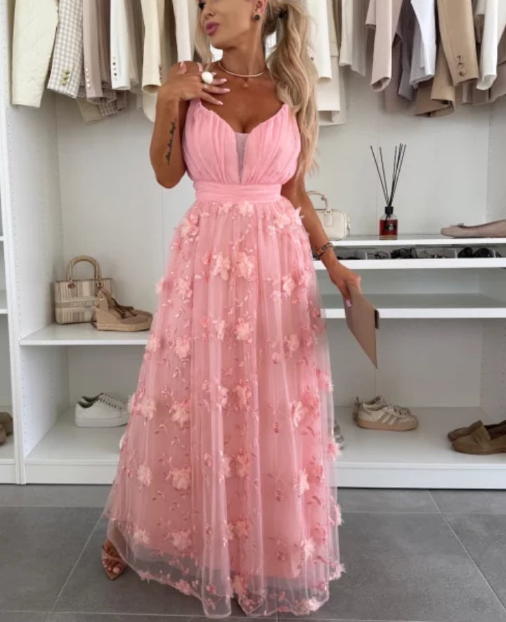 Dame Elegant Maxikjole med florale detaljer og gennemsigtigt overkjole Stilla