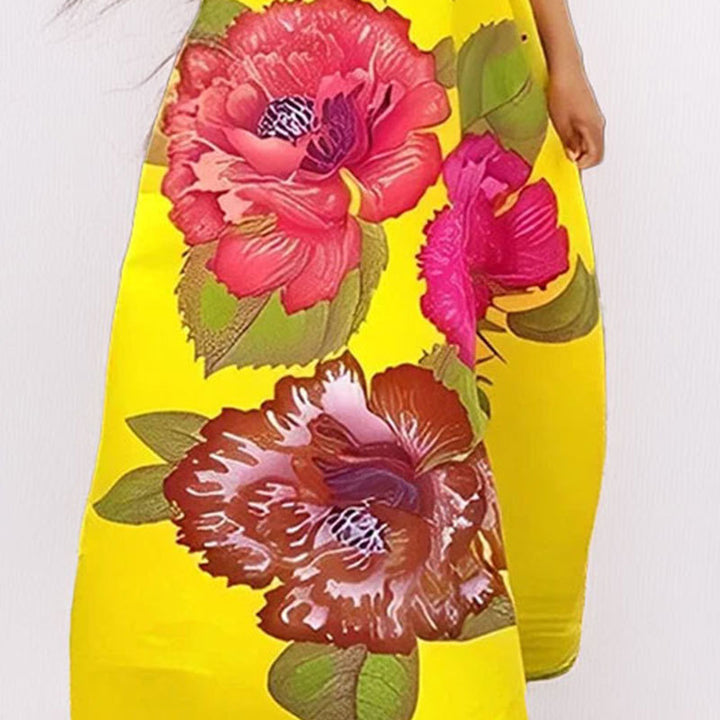 Dame Maxikjole med extravagant blomstertryk og figursyet snit Stilla