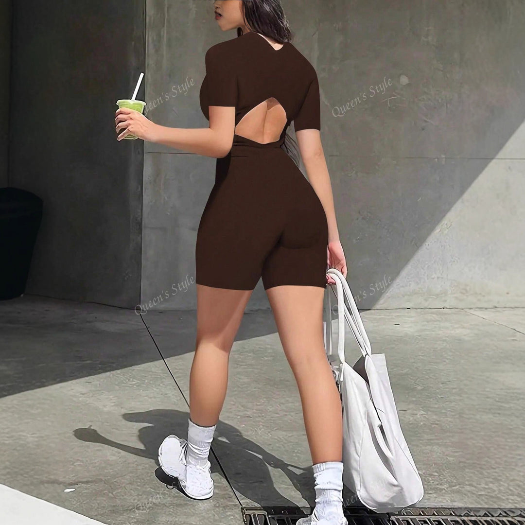Dame Bodycon jumpsuit med kort arm og lynlås Skovae