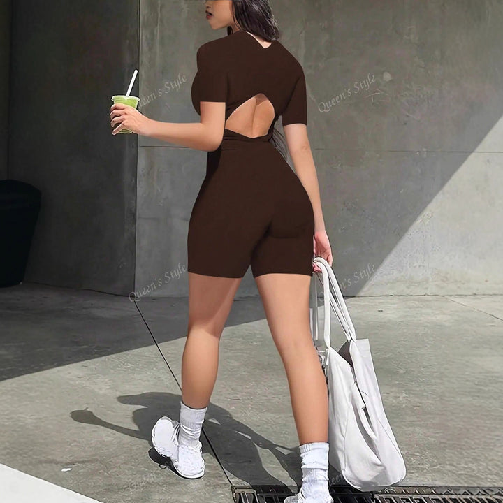 Dame Bodycon jumpsuit med kort arm og lynlås Skovae