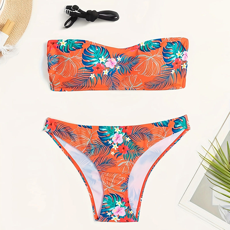 Dame Bandeau-Bikini-sæt med tropisk tryk og komfortable stropper Skovae