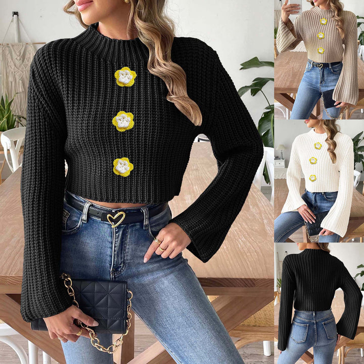 Dame hæklede pullover med høje ribdetaljer og pyntede knapper Stilla