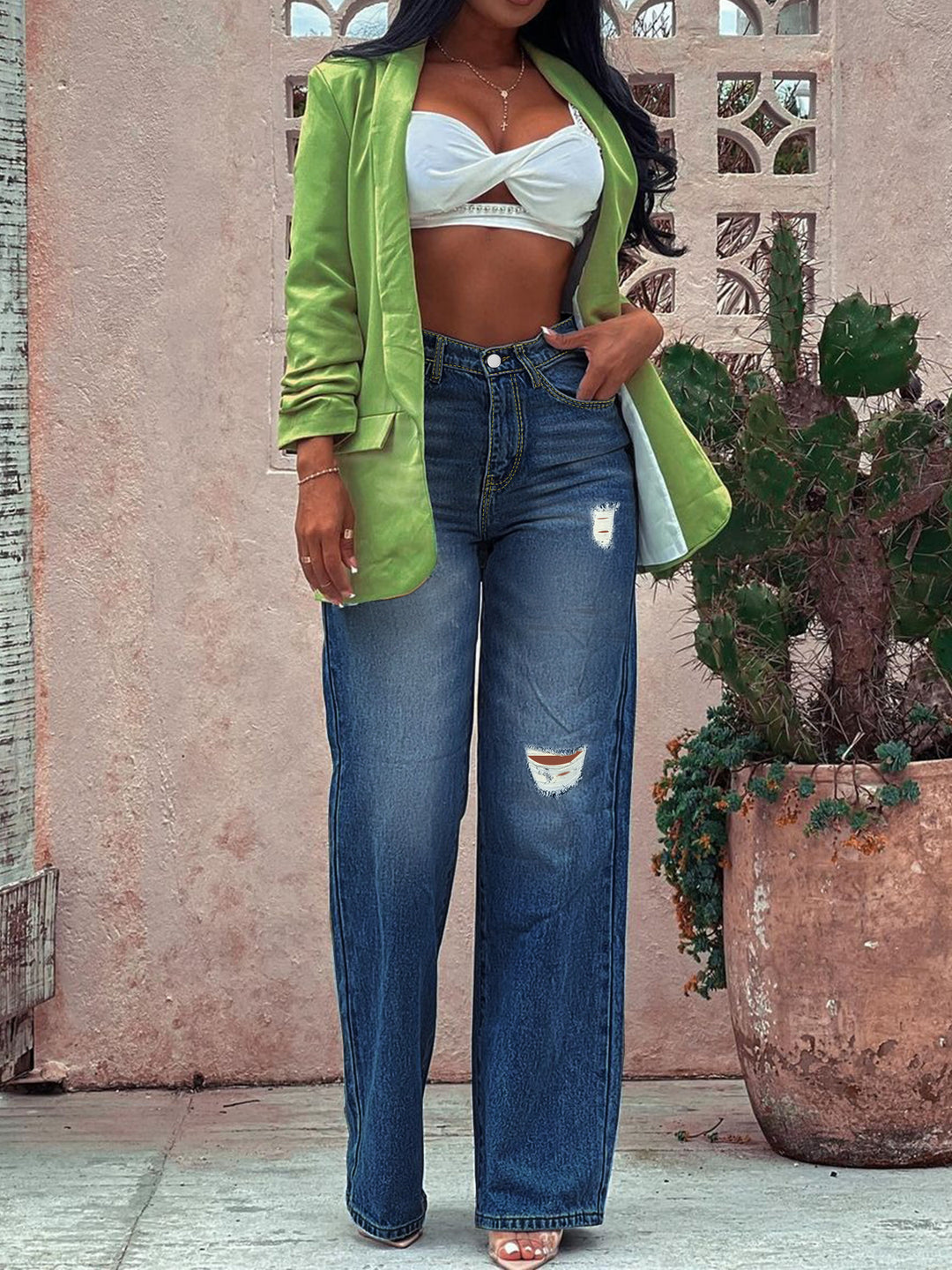 Dame bredskårne jeans i afslappet distressed-design med trendy revnedetaljer Stilla