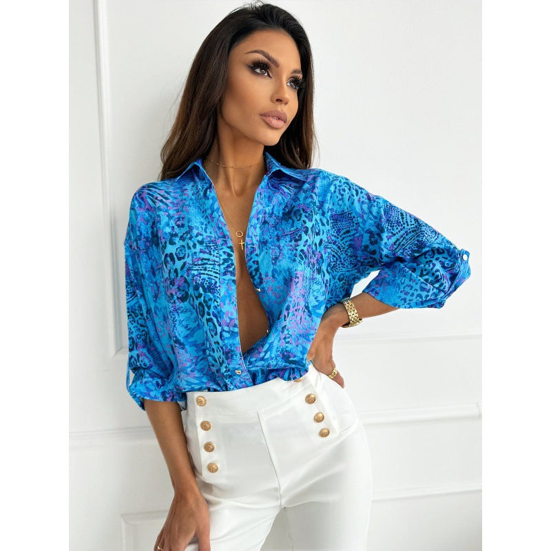 Femme Chic Trykt Knap-Mave Bluse Stilla