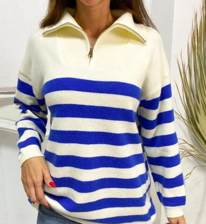 Dame mønstrede sweater med høj krave og lynlås Stilla