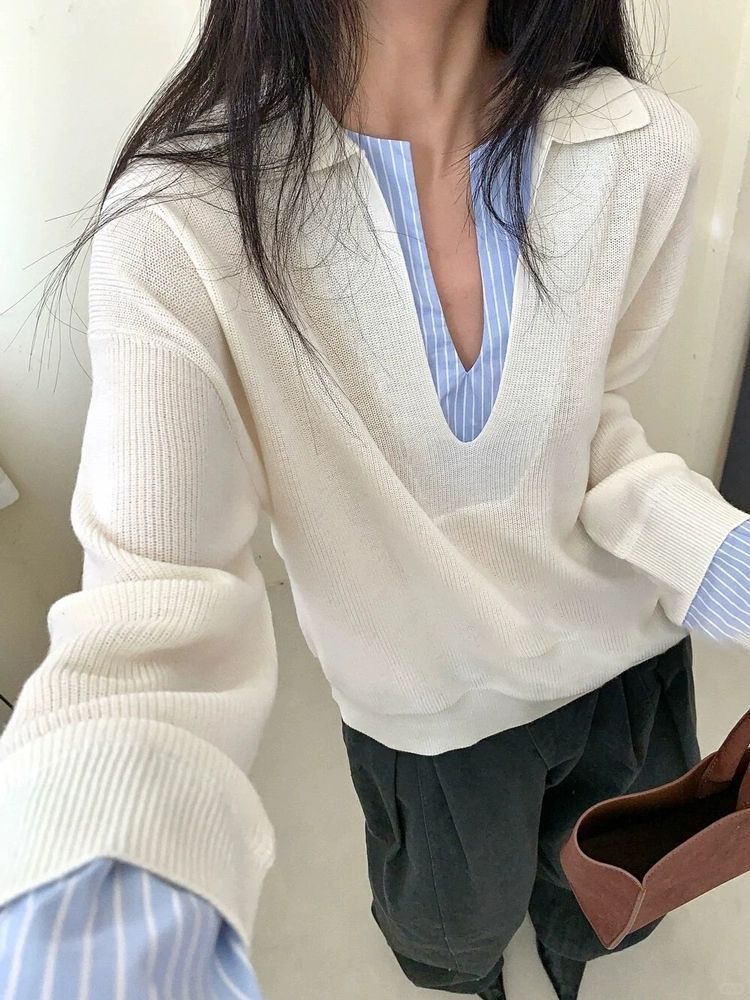 Dame Elegant Sweater med Indsat Skjortekrave Stilla
