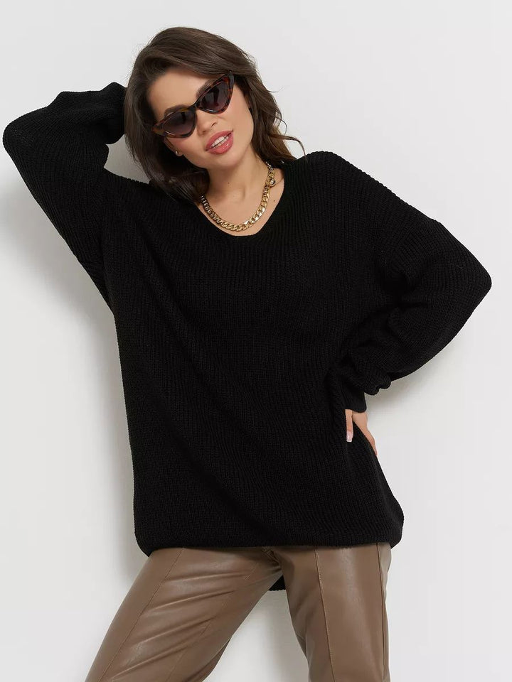 Dame Oversized Strik Pullover med dyb V-hals og afslappet snit Stilla