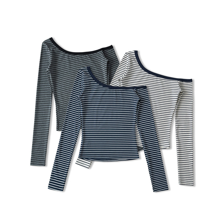 Dame asymmetrisk langærmet skjorte med maritimt stribemønster og off-shoulder design Stilla