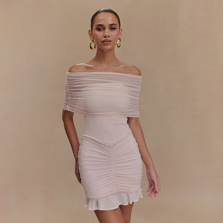Dame Off-Shoulder Minikjole med Rynker og Flæsekant Stilla