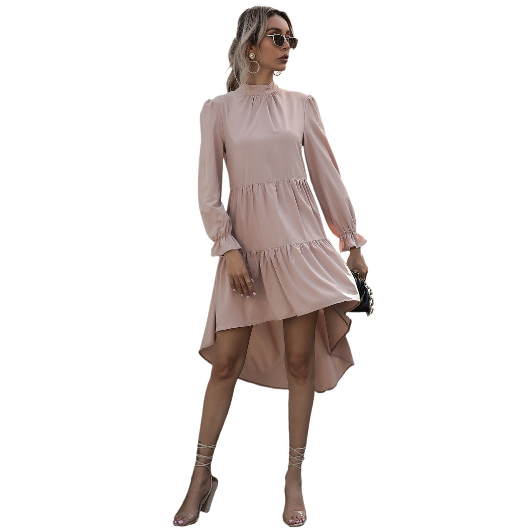Dame Elegant asymmetrisk midi-kjole med ruffles og ståkrave Stilla