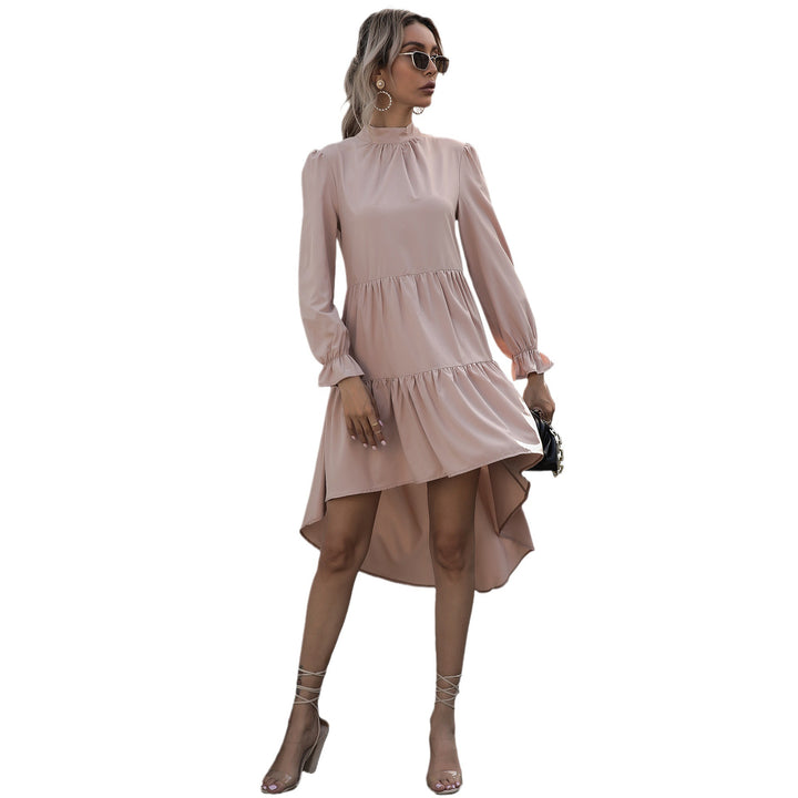 Dame Elegant asymmetrisk midi-kjole med ruffles og ståkrave Stilla