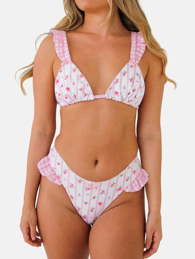 Dame triangel-bikini med legende volangdetaljer og florale mønster Stilla