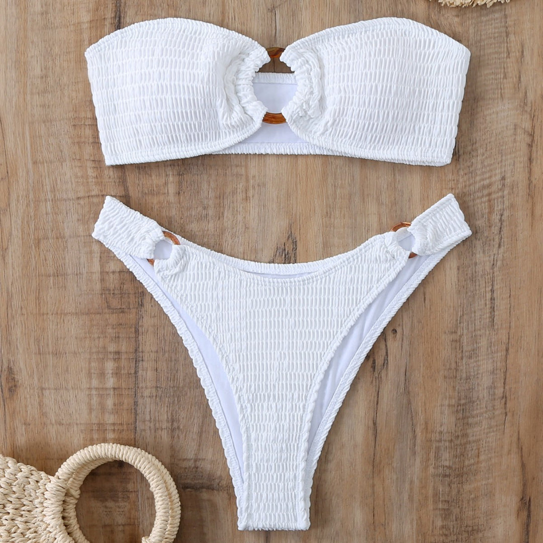 Dame Smocked Bandeau-Bikini-Sæt med dekorativt Ringdetalje Stilla