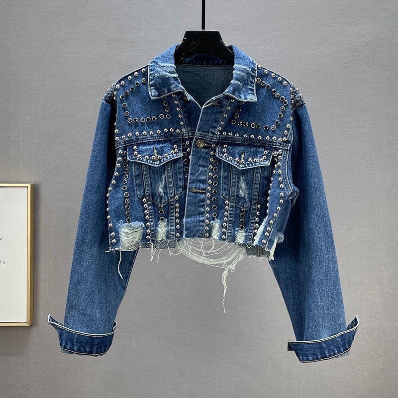 Kvinders designer denimjakke med nitter og frynser Stilla