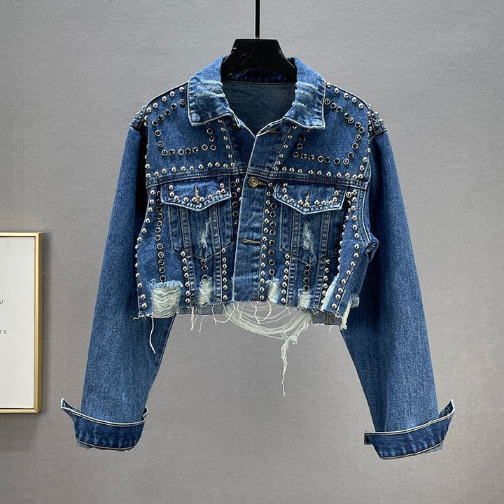 Kvinders designer denimjakke med nitter og frynser Stilla