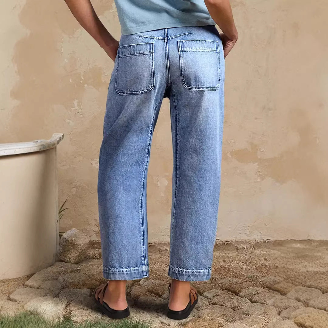 Dame løse jeans med moderne kort snit og høj talje