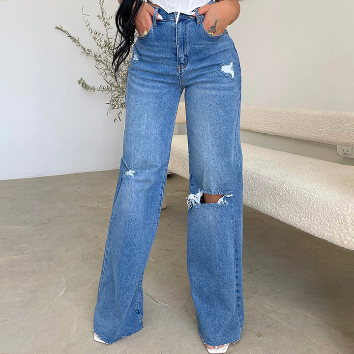 Dame brede jeans med slidte detaljer og høj talje Skovae