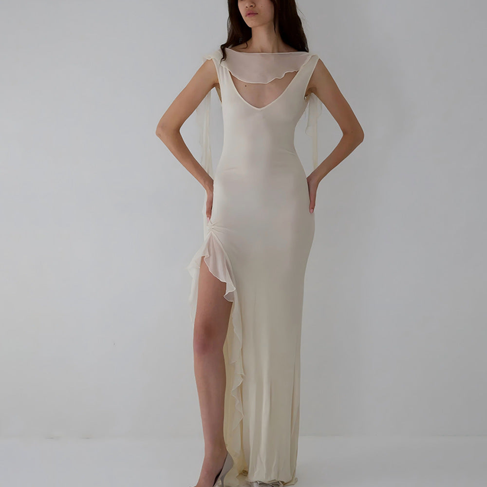 Dame Elegant aftenkjole med transparente flæser og forførende V-udskæring Stilla
