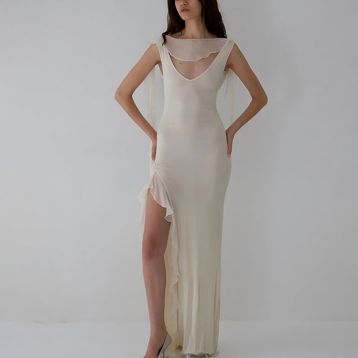 Dame Elegant aftenkjole med transparente flæser og forførende V-udskæring Stilla