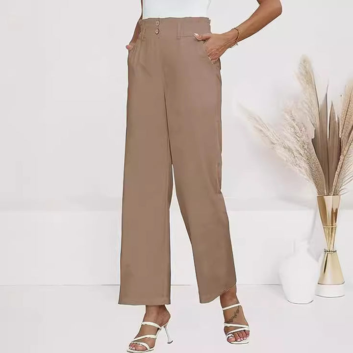 Dame bred stofbukser med elastisk talje og fashionable knapdetaljer Skovae