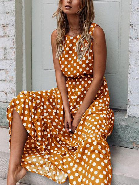 Dame Polka-Dot-Maxikjole med sidelukninger Stilla