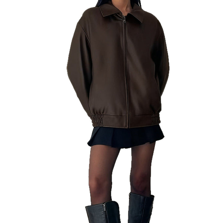 Dame Kunstlæderjakke i afslappet oversized stil med elastiske manchetter Skovae