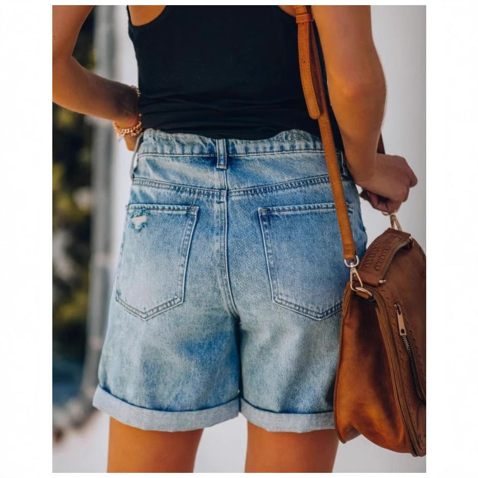 Damer afslappede denimshorts med opsmøget kant og destroyed-detaljer Stilla