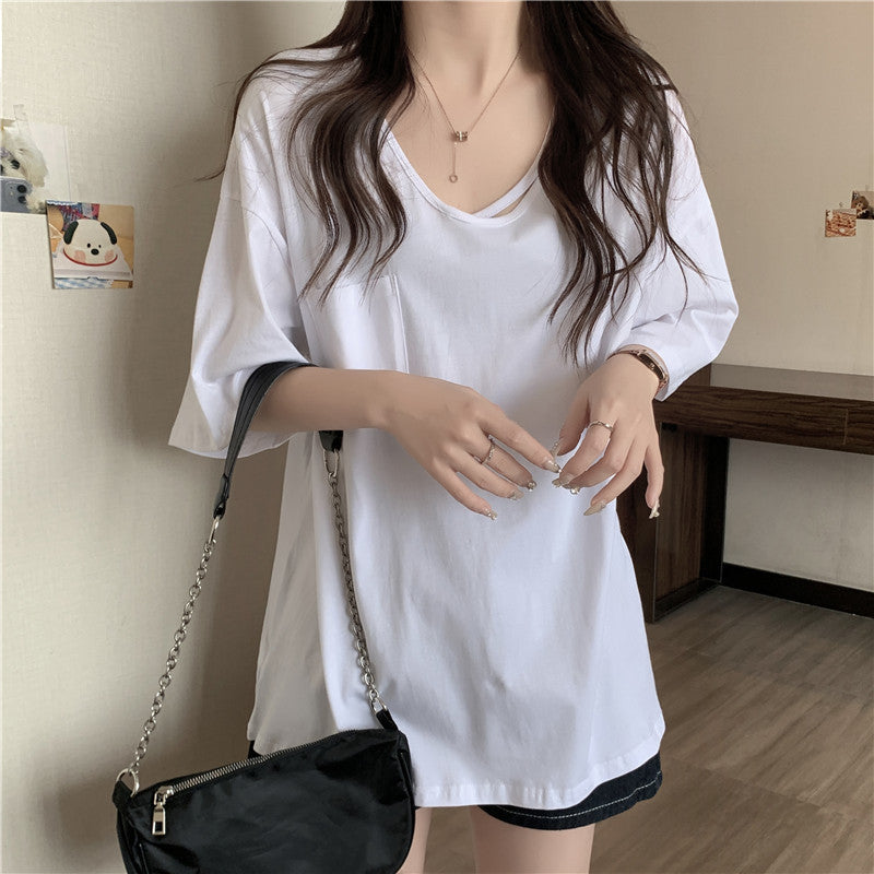 Femme afslappet oversized V-hals T-shirt med lomme Stilla