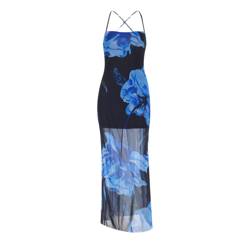 Dame elegant maxikjole med gennemsigtig blomsterdesign Skovae