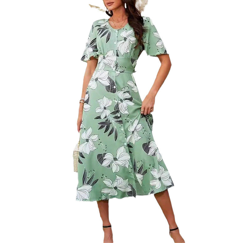 Dame Floral Trykt Midi-Kjole med Knap-Frontdetail Stilla
