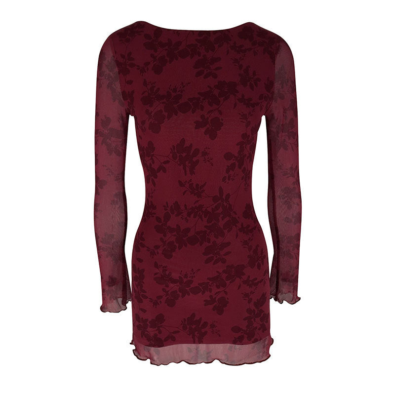 Dame Floral Minikjole med transparente ærmer Skovae