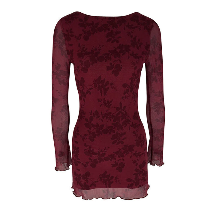 Dame Floral Minikjole med transparente ærmer Skovae