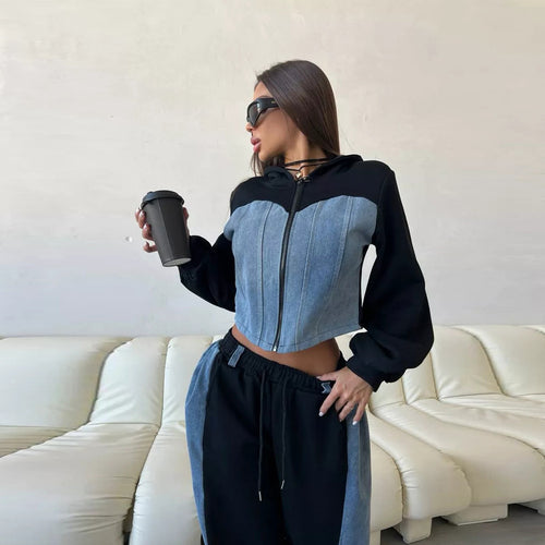 Dame moderigtig cropped Sweatjakke og bred Bukser Sæt Stilla
