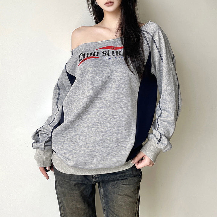 Dame Trendy OverStørrelse-Sweatshirt med legende Off-Shoulder-snit og kontrasterende detaljer Stilla