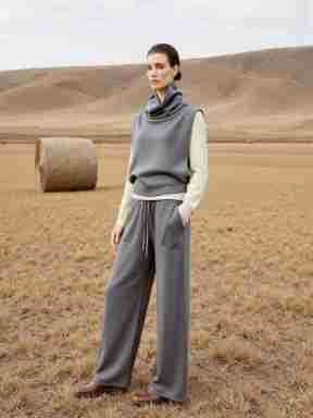 Kvinders fashionable strikket sweater med høj krave og brede bukser Stilla