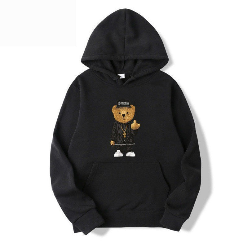 Kvinders hoodie med kunstnerisk bjørnedesign og kængurulomme Skovae