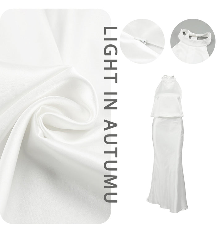 Dame sæt bestående af haltertop og lang satin nederdel med svingende kant Stilla
